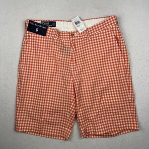 Polo Ralph Lauren Suffield Shorts Mens 34 Orange Gingham Cotton Chino Flat Front